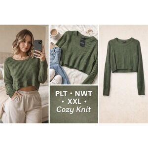 PrettyLittleThing XXL Green Cropped Ribbed Knit Pullover Sweater Capsule NWT